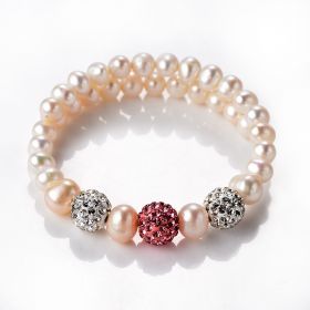 Freshwater Pearl Adjustable Bracelet with Shiny Disco Ball Beads Pave Crystals