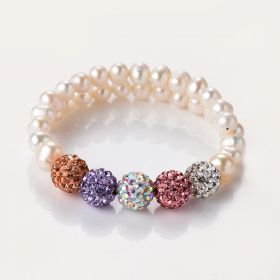 Luxury Freshwater Pearl and Multi color Bling Crystal Balls Opening Bracelet
