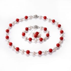 White Freshwater Pearl and Red Coral Necklace Bracelet Earring 3 Piece Jewelry Set with Flower Clasp