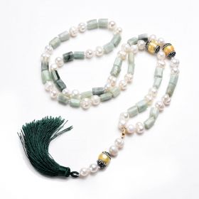 Handmade White Pearl and Jadeite Stone Beaded Necklace Women's Long Tassels Y Fringe Necklace