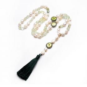 White Freshwater Pearl and Green Prehnite Sweater Necklace with Detachable Tassel and Beaded Pendant