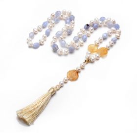 Delicate Women's White Freshwater Pearl and Blue Lace Agate Tassel Sweater Necklace