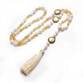 Women's Yellow Opal and White Freshwater Pearl Hand Knotted Tassel Necklace