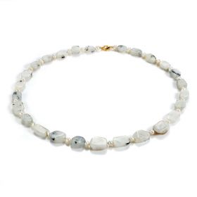 Trendy Gemstone Jewelry Necklace Flat Moonstone with Small White Pearl Beads 20 inch