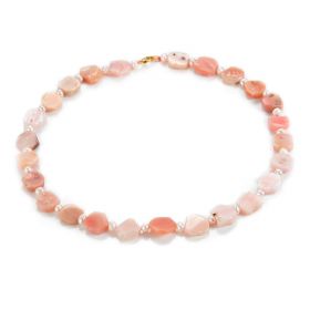 18 inch Flat Pink Opal & Pearl Gemstone Beaded Strand Necklace