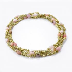 Simple Nugget Green Freshwater Pearl and Pink Opal Beaded Strand Long Necklace 