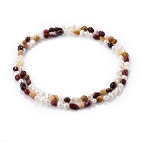 Nugget White Freshwater Pearls and Smooth Mookaite Jasper Beads Necklace 28"