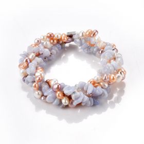 Freshwater Pearl and Blue Lace Agate Gemstone Beaded Spiral Bracelet Twisted Four Strand Bracelet