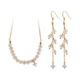 White Rice Freshwater Pearl Gold Plated Brass Chain Necklace and Long Drop Dangling Earring Set