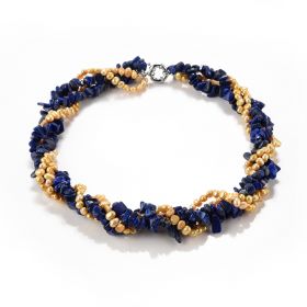 Lapis Lazuli and Golden Freshwater Pearl Beaded Twisted Necklace Four Strand Statement Necklace