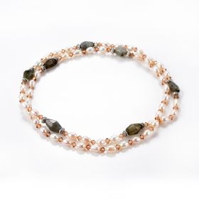 White Freshwater Pearl, Brown Crystal and Labradorite Stone Beaded Necklace