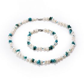Nugget White Freshwater Cultured Pearl and Blue Turquoise Beaded Single Strand Necklace Bracelet Set