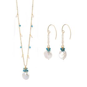 Blue Apatite Freshwater Baroque Coin Pearl Pendant Necklace Earrings Jewelry Set