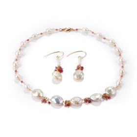 White Baroque Rice Freshwater Pearl and Pink Tourmaline Necklace Earrings Set