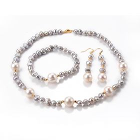 Classic Gray Freshwater Pearl Necklace Bracelet Dangle Earrings 3 Piece Jewelry Set