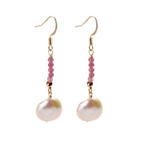 Baroque Coin Freshwater Pearl and Pink Tourmaline Gemstone Long Dangle Earrings