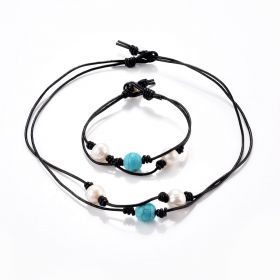 Double Strand Turquoise Pearl Leather Cord Choker Necklace Bracelet Jewelry Set