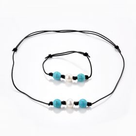 Single Freshwater Pearl Turquoise Beads Necklace Bracelet Adjustable Leather Jewelry for Girls