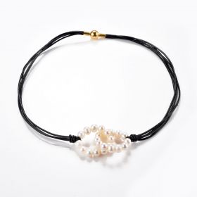 Pearl and Leather Circles of Love Necklace Entwined Freshwater Pearl Rings Multi Strand Leather Necklace