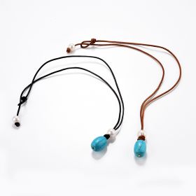 White Freshwater Pearl and Synthetic Turquoise Bead on Leather Cord Simple Necklace