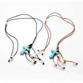 Synthetic Turquoise Cross Pearl Waterfall Pendant on Leather Cord Necklace Adjustable Length