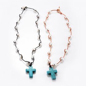Synthetic Turquoise Cross Pendant White Rice Cultured Pearl Leather Wrap Necklace