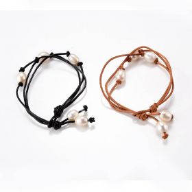 Handcraft Braided White Freshwater Pearl and Leather Bracelet Jewelry Gift For Her