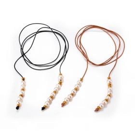 White Freshwater Pearl and Alloy Spacer Beads on Leather Versatile Lariat Long Necklace 57"