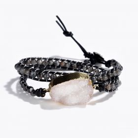White Druzy and Labradorite Stone Beads Double Wrap Bracelet on Leather Cord
