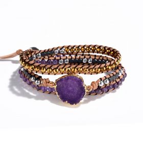 Purple Druzy and Hematite Amethyst Beads on Leather Boho Bracelet Three Row Wrap Bracelet
