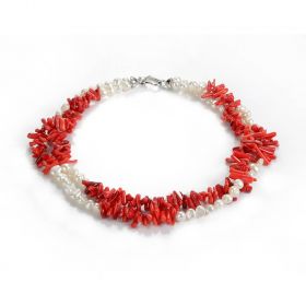 Red Coral Stick and Nugget White Pearls Double Strand Necklace