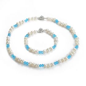 White Freshwater Pearl & Blue Crystal Necklace Bracelet Jewelry Set