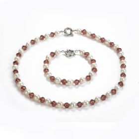 Cultured Pearl and Crystal Beaded Necklace with Bracelet Set