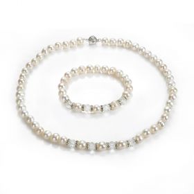 White Crystal and Freshwater Pearls Necklace Bracelet Jewelry 2 Set