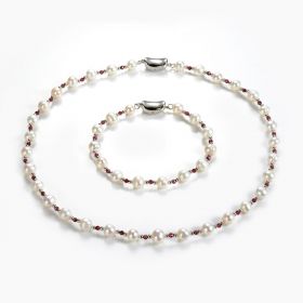White Fresh Water Pearl and Garnet Necklace Bracelet Set Costume Jewelry