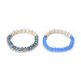 White Freshwater Pearl with Blue Crystals Beaded Bracelet for Women