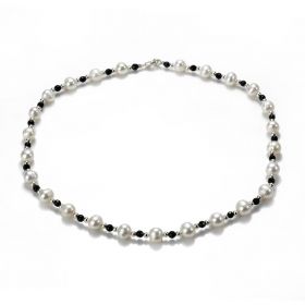 8-9mm White Freshwater Pearl and Black Crystal Alternating Brilliance Bead Necklace