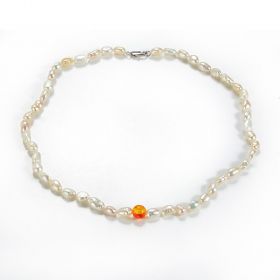 Single Strand White Freshwater Pearl Necklace with 8mm Amberoid Bead