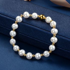 Gold Plated Beads White Cultured Freshwater Pearl Bracelet Wedding Bridal Jewelry for Women