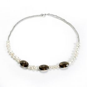 White Freshwater Pearl and Smoky Quartz Coil Necklace Silver Plated Beads Jewelry