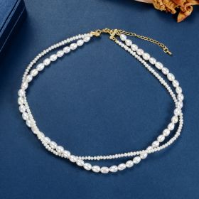 Double Strand White Freshwater Cultured Pearl Necklace for Women in 17-19" Princess Length