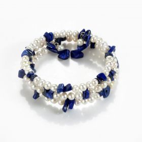 White Freshwater Pearl Nugget Lapis Lazuli Bracelet Memory Wire Adjustable
