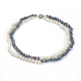 7-8m White and Black Nugget Freshwater Pearl Double Rows Necklace