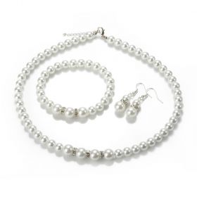 Faux Glass Imitation Pearls Necklace Bracelet Earring Wedding Jewelry 3 Set