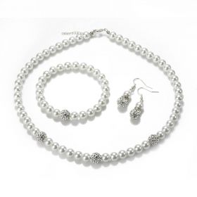 White Glass Faux Pearls Bridal Jewelry Set Necklace Bracelet and Earrings