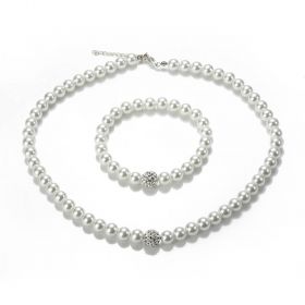 Elegant Glass Faux Pearl Necklace and Bracelet Costume Jewelry Set for Women