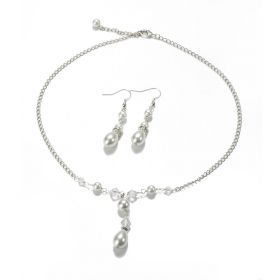 White Faux Pearl Pendant Chain Necklace Earrings Silver Plated Jewelry Sets for Brides