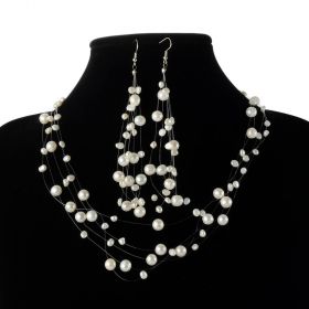 White Pearl Jewelry Set Floating Illusion Pearl Necklace and Earrings Set