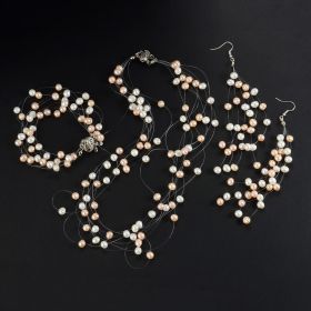 White and Pink Freshwater Pearl Wedding Jewelry Set Illusion Necklace Bracelet and Earrings