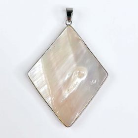 Natural MOP Shell Rhombus Mother of Pearl Pendant with Silver Tone Edge for DIY Necklace